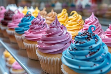 Sticker - modern bakery display, vibrant cupcakes neatly presented at an automated bakery, enticing customers with their colorful display