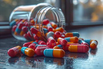 Sticker - An assortment of colorful capsules spilled from an open container onto a monochrome surface, illustrating the variety of available medications.  Generative Ai.