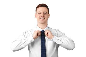 Wall Mural - Handsome young man in stylish collar shirt and necktie on white background