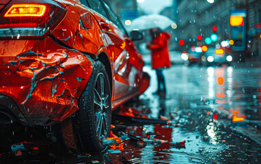 Wall Mural - Red car crashed into glass on rainy night in the city