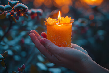 Canvas Print - A person's hand lighting a candle in solidarity with global efforts for peace and harmony. Concept of global peace and unity. Generative Ai.