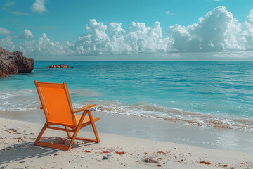 Poster - Pale turquoise beach chair with pastel orange stripes on a pastel blue sandy beach, symbolizing relaxation and leisure. Generative Ai.