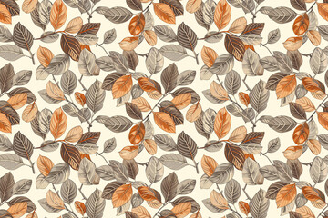 Wall Mural - A pattern of leaves with brown and orange colors. The leaves are arranged in a way that creates a sense of depth and movement