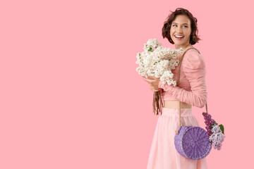 Poster - Happy young woman with bouquet of blooming white lilac flowers on pink background