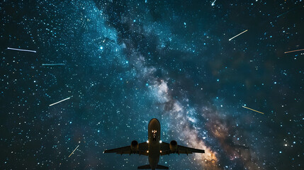 Wall Mural - A plane is flying through the night sky, surrounded by a beautiful milky way