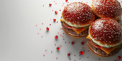 Wall Mural - Three cheeseburgers with sesame buns surrounded by floating red spheres, suitable for dynamic fast food ads.