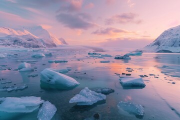 : A pristine Arctic scene with vast icebergs floating in a crystal-clear sea, surrounded by snow-covered mountains and a sky filled with soft pastel hues of the polar sunset