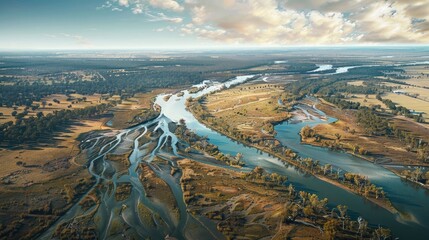 Wall Mural - Murray-Darling river system, showing divergence of rivers, flat aerial perspective, sunny day realistic