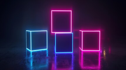 Poster - Neon glowing cubes in dark space with reflective surface - modern futuristic digital art