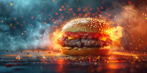 Wall Mural - Exploding cheeseburger with dynamic effects, suitable for advertising or promotional materials.