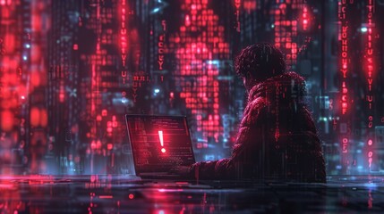 Person sitting at a laptop in a futuristic cyber world with digital code rain