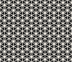 Wall Mural - Black and white minimal vector geometric seamless pattern with curved lines, hexagons, triangles, circles, lattice. Abstract monochrome background. Simple texture in oriental style. Repeating design