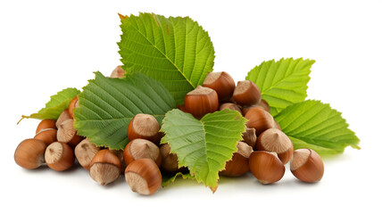 Wall Mural - A pile of fresh hazelnuts with green leaves on a white background, highlighting the natural, healthy nuts ready for consumption or use in cooking.