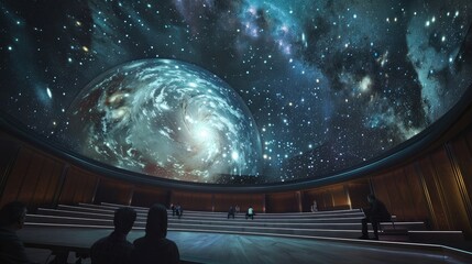 Wall Mural - planetarium with a 360-degree view of the night sky, showing high-resolution projections of celestial bodies and constellations, with visitors gazing in awe, capturing the magic of astrology and the u