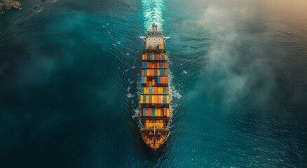 Wall Mural - Aerial view of a large cargo ship loaded with colorful containers sailing through blue ocean water