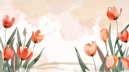 Canvas Print - Abstract Watercolor Landscape with Red Tulips