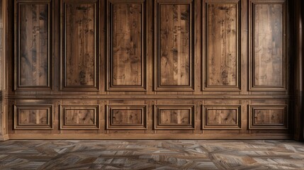 Wall Mural - Premium style an empty room with wooden boiserie on the wall, featuring walnut wood panels. wooden wall of an old styled room realistic