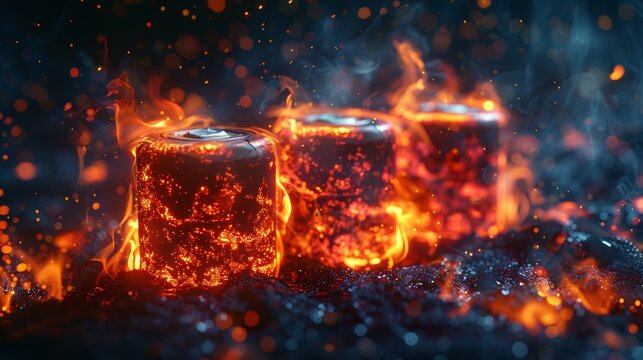 Lithium-ion batteries are burning, red fire surrounding, rechargeable batteries are self-igniting and self-heating, and generative artificial intelligence images emerge
