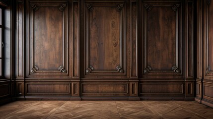 Wall Mural - Premium style an empty room with wooden boiserie on the wall, featuring walnut wood panels. wooden wall of an old styled room realistic