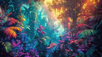 Wall Mural - Psychedelic digital painting of a rainforest, flora and fauna blending and morphing into fractal patterns, vivid neon colors, optical illusions realistic