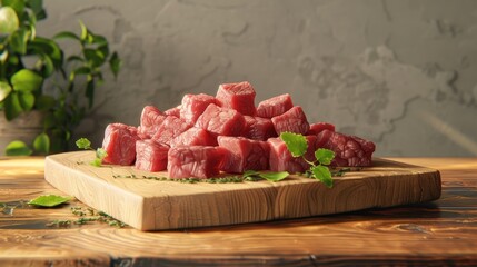 Wall Mural - raw cubed meat on a wooden board realistic