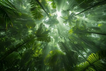 Poster - View of a lush forest with sunlight filtering through leafy branches