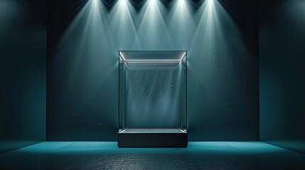 Glass display case for the exhibition in the shape of a cube illuminated by spotlights. Modern exhibition and luxury design. Advertising in museum glass boxes. To display technological innovation.Expo