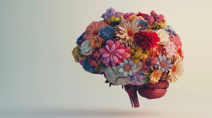 Wall Mural - 3D illustration of brain made of flowers in blank and plain background. Copy space for text.