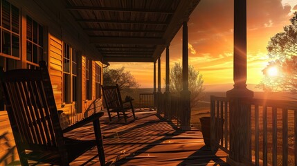 Wall Mural - rocking chairs on a porch at sunset realistic