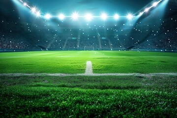 Wall Mural - Green soccer field, bright stadium spotlights, dark background