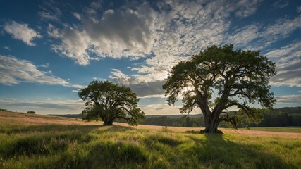 Serene landscape featuring two prominent trees in field under vast sky with scattered clouds. Sunlight coming from left, casting shadows on ground, highlighting textures of clouds, leaves.