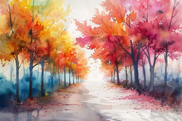 Poster - A painting of a road with trees and leaves on it