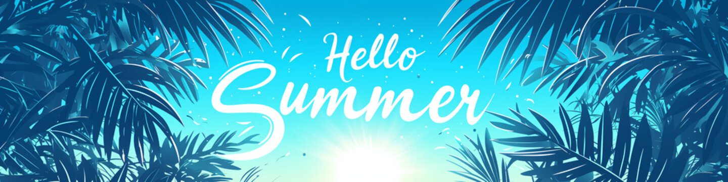 hello summer text on summer landscape background with ocean, beach and beautiful sky. calligraphy le