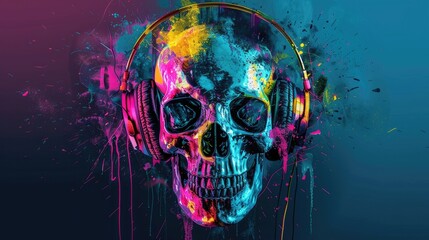 Wall Mural - skull with headphones, colorful splashes. colorful art wallpaper skull with headphones realistic