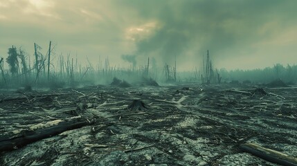 Canvas Print - Haunting image of a cleared forest area with a few remaining trees, representing the devastating effects of deforestation