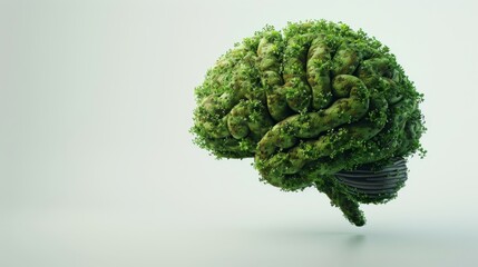 Wall Mural - 3D illustration of brain made of green plants in blank and plain background. Copy space for text. 