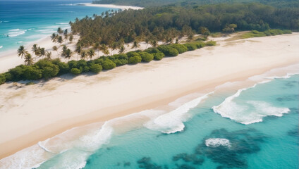 Wall Mural - Summer nature landscape. Aerial view of sandy beach and ocean with waves. Beautiful tropical island