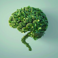 Wall Mural - 3D illustration of brain made of green plants in blank and plain background. Copy space for text. 