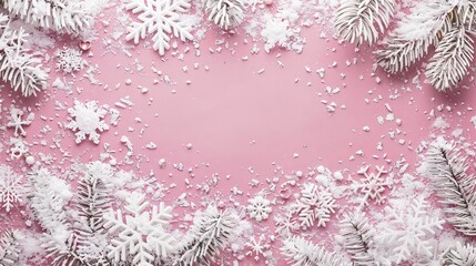Wall Mural - Christmas background. White snow decorations on a pink background. Generative Aİ