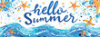 © ratatosk - Hello summer text on watercolor blue background with ocean waves and starfish. Calligraphy lettering. Travel and vacation concept. Greeting card or banner in retro style