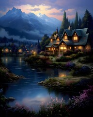 Wall Mural - Beautiful cottage at the lake in the mountains at night. Digital painting.