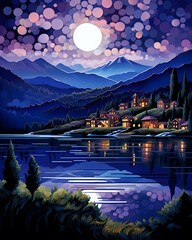 Wall Mural - landscape with house on the lake in the mountains at night illustration