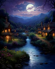 Wall Mural - cartoon scene with a small village by the river at night illustration for children