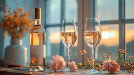 Wall Mural - A small bouquet of flowers, two glasses of rose wine, and two glasses of champagne in hot summer sunlight. Summer romance concept.