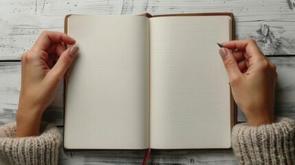 on a blank white page in her notebook or diary, woman makes notes or plans, writes the day's results