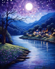 Wall Mural - Night landscape with river and village. Watercolor illustration for your design