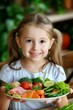 © Sataporn - Little girl holding a plate of vegetables. The girl is smiling. She is wearing a blue shirt. The plate has broccoli, carrots, tomatoes, and cucumbers.