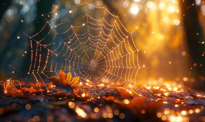 Dew Covered Spider Web Close Up.
