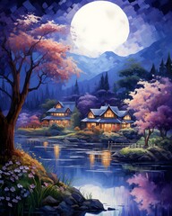 Wall Mural - Illustration of a wooden house at the lake with a full moon