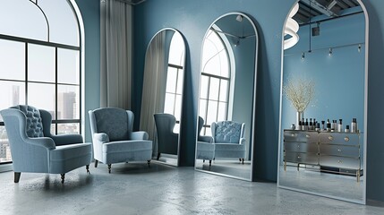 Luxury blue beauty care salon interior with large mirrors. Generative Ai